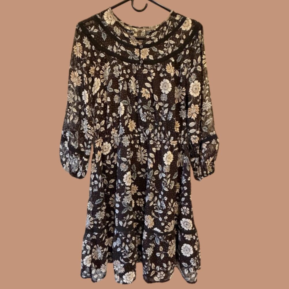LOFT Outlet Black, Brown & Cream Floral Accent Long Sleeve Dress | Size M